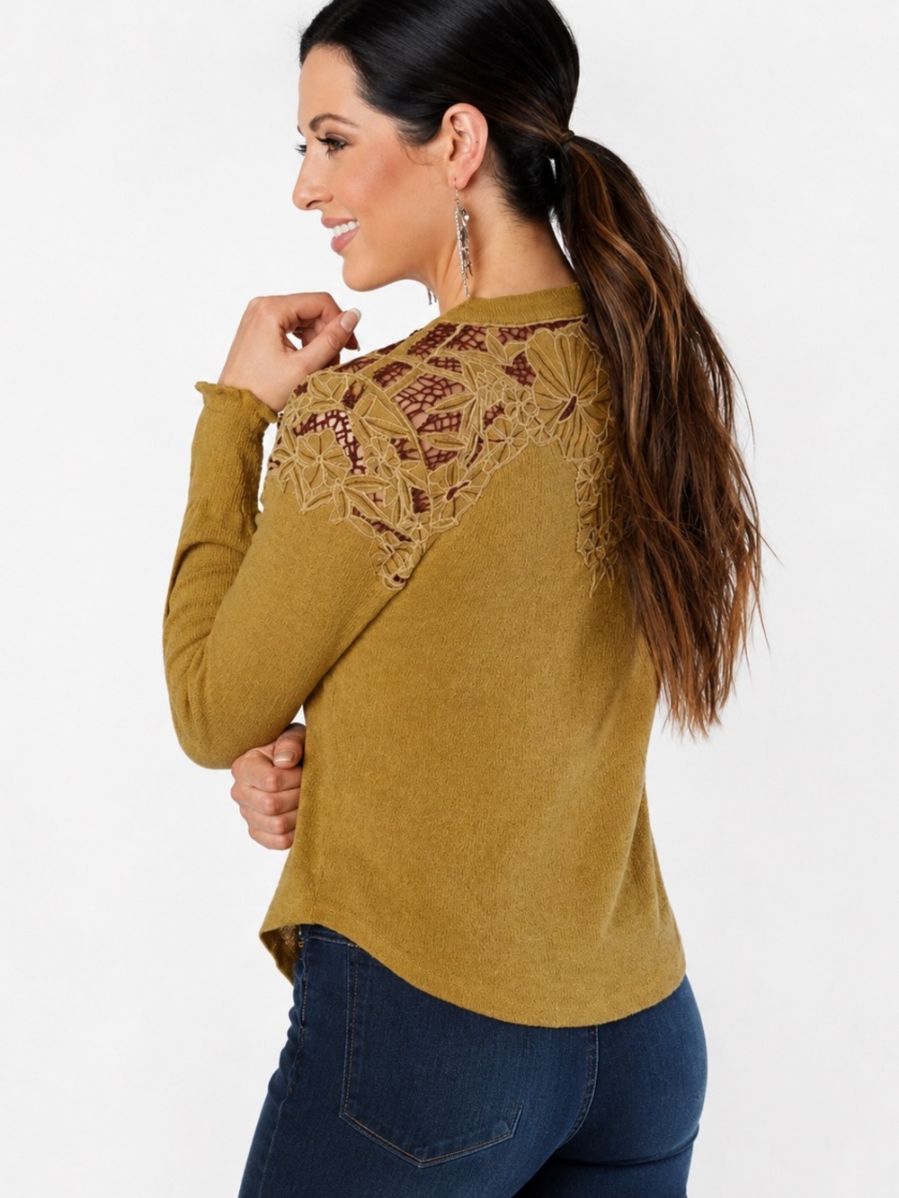 Free People Easy Breezy Henley Lace Embroidered Top Mustard Women Size M